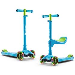 LaScoota 2-in-1 Kids Kick Scooter, Adjustable Height Handlebars and Removable Seat, 3 LED Lighted Wheels and Anti-Slip Deck, for Boys & Girls Aged 3-1