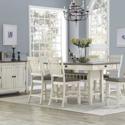 CASUAL COUNTRY STYLE 7 PIECE TWON TONE ANTIQUE WHITE COUNTER HEIGHT DINING TABLE SET