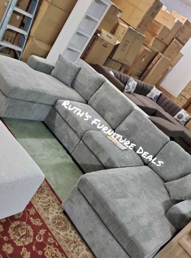 On Sale! $419 Sectional Sofa Grey Corduroy With Double Chaise