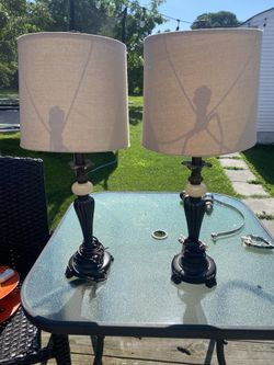 2 vintage-style Tabletop Lamps Iron & Faux Alabaster Footed, Pedestal fabric hardback shades
