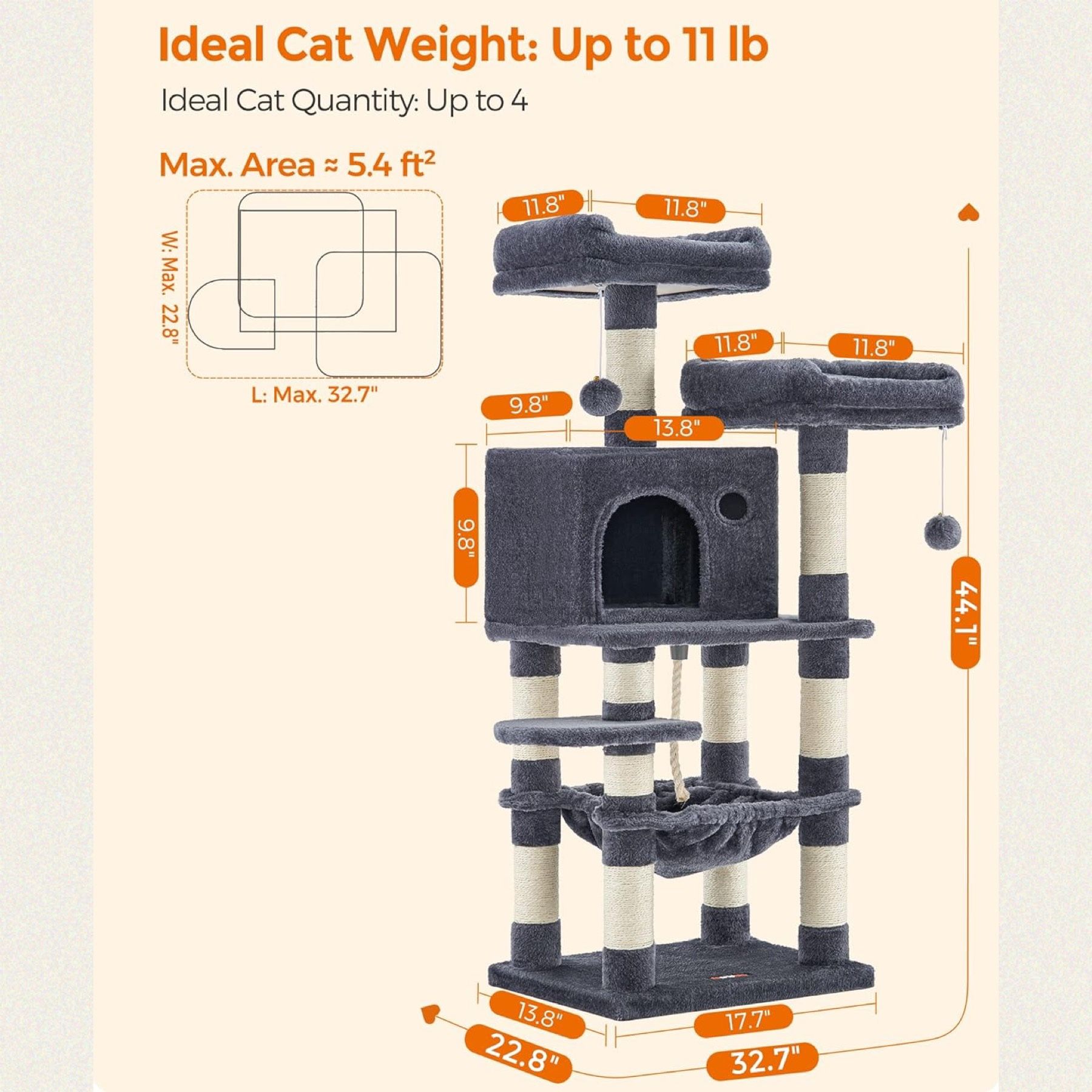 44.1” Cat Tree, Cat Tower Hammock Condo