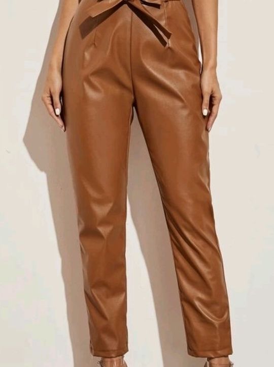 Paper Bag Waist Belted Pu Leather Pants, Color Brown , Size Small