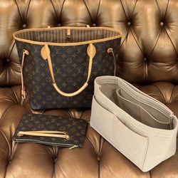 Louis Vuitton LV Tote Bag Neverfull MM Brown Monogram Pouch Amazing Condition