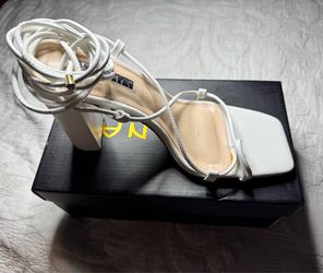 White Lace-Up Block Heels Size