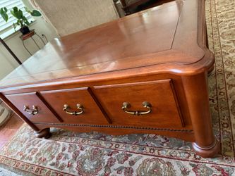 This vintage Bassett Furniture Country French Solid Oak / Cherry coffee table and Console