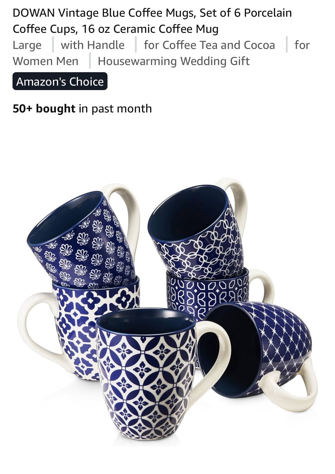 DOWAN Vintage Blue Coffee Mugs, Set of 6