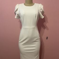 Chic white midi dress with elegant ruffle sleeves