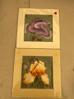 Vintage antique hand stitched silk thread flower pictures