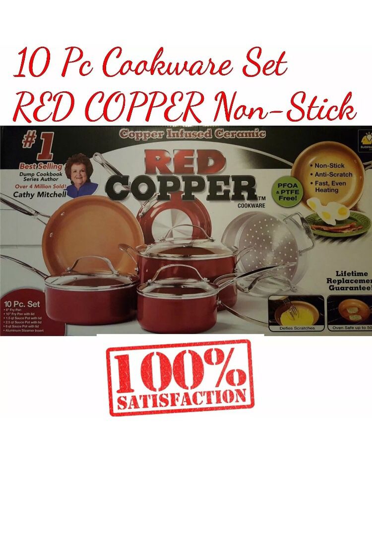 10 Pc Cookware Set RED COPPER Ceramic Non-Stick Cooking POTS and PANS With Lid