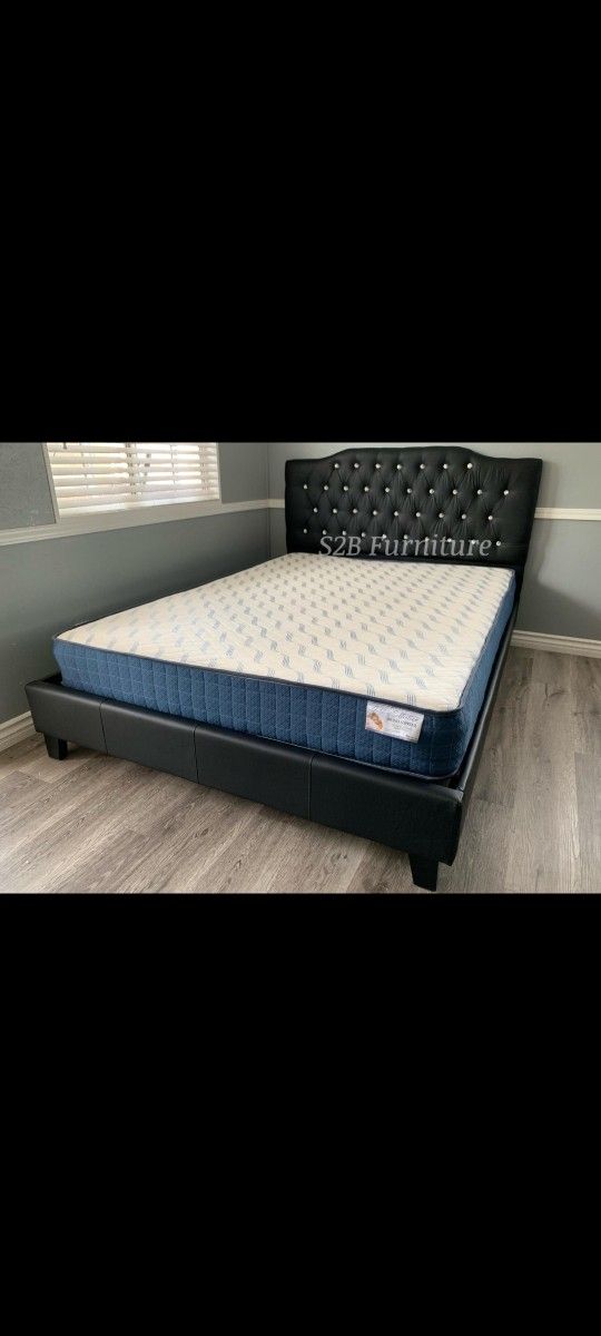 Full Black Crystal Button Bed With Orthopedic Mattress Included 