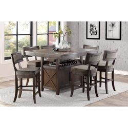 7 PIECE COUNTER HEIGHT DINING TABLE SET WINE RACK STORAGE LEAF EXTENSION COMEDOR ALTO