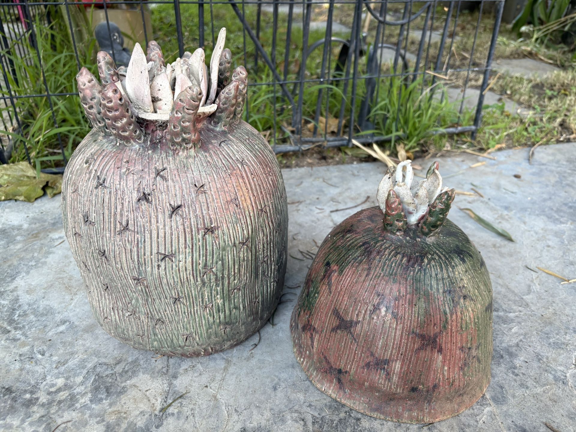 Vintage Pair Of Cactus Garden Decor Handmade Pottery, Cactus Outdoor Art Cacti Statues Garden Decor 