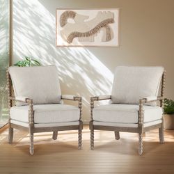 Spindle Accent Chairs Set of 2 Mid Century Modern Chairs, Upholstered Comfy Linen Armchairs Reading Chairs Set of 2 for Living Room, Bedroom, Beige