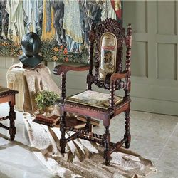 Design Toscano Charles II Walnut Mahogany Arm Chairs Set