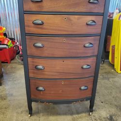 Beautiful Vintage Refinished Black And Wood Dresser With Wheels