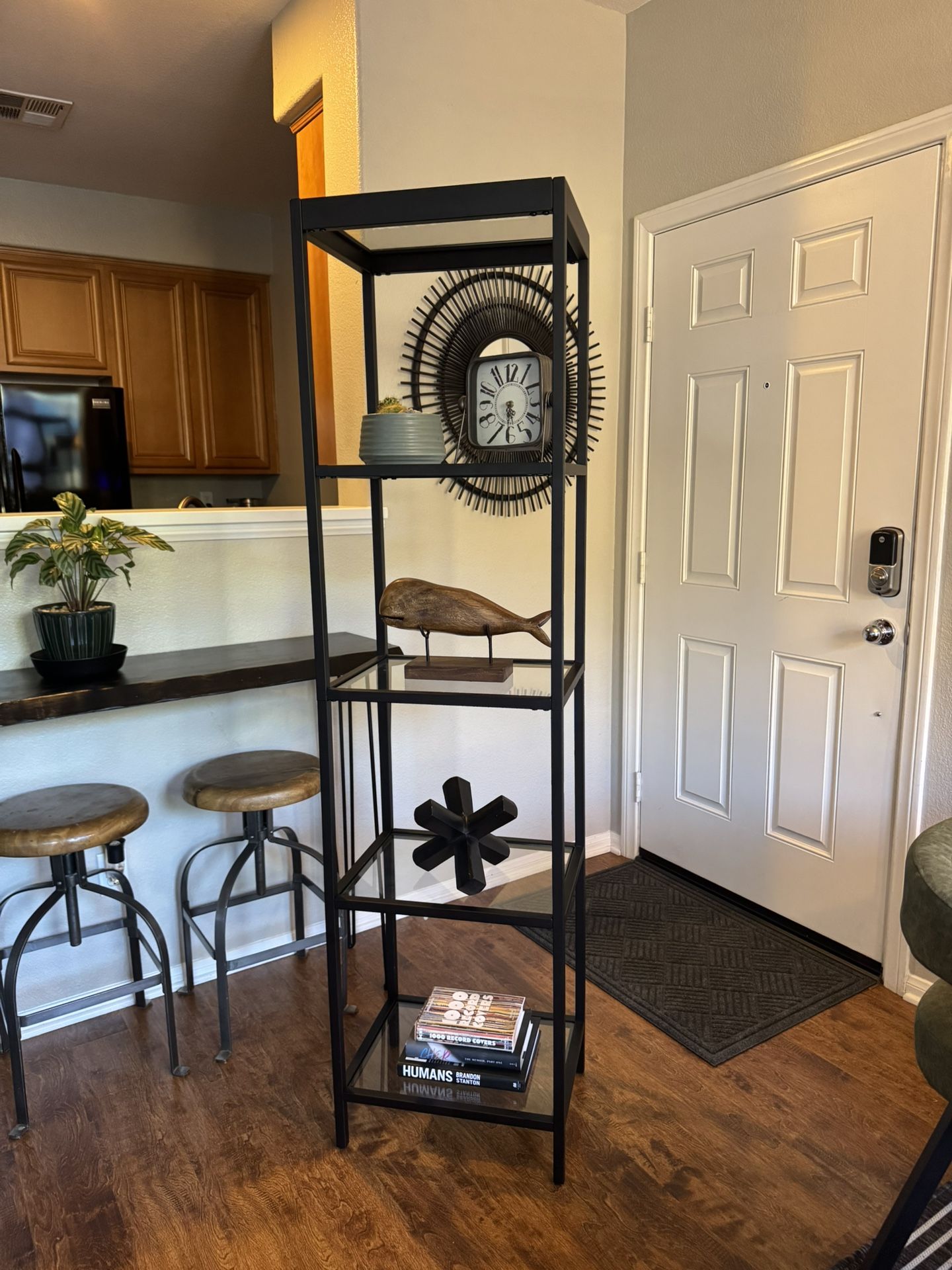 Tall Black Metal And Glass Shelving Unit