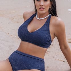 NWT Cupshe Medium Pleated Lurex Blue High-Rise Bikini Bottoms 