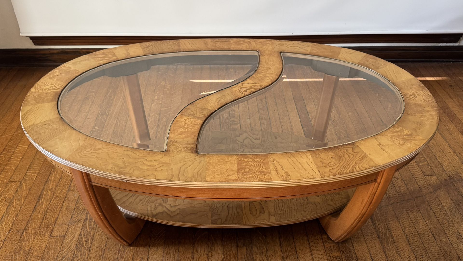 Beautiful Wood and Beveled Glass Oval Coffee Table - 61x31x19