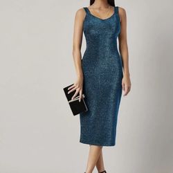 Glitter Sweet Heart Neck Teal Dress 