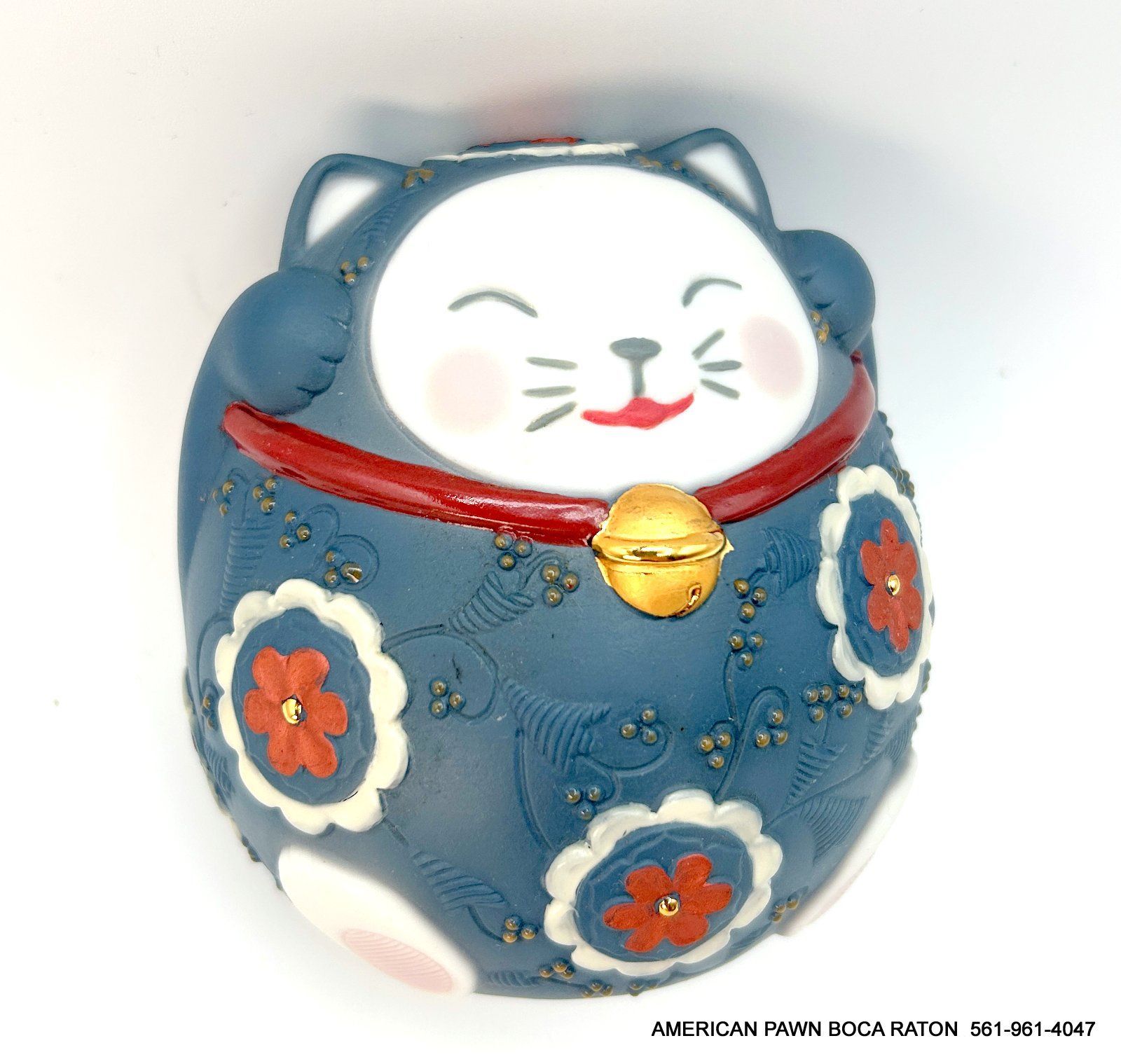 Lladró Maneki Neko II (Blue/ Azul) Porcelain Figurine Lucky Cat