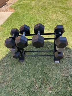 DUMBBELL WEIGHTS WITH STORAGE RACK (2x15 lb metal) , 2x20, 2x25 and 2x35 lb  TALKE ALL FOR $140