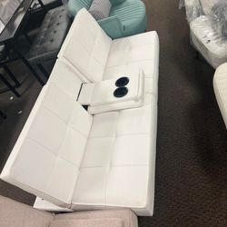 Home Futon Sofa Bed, Faux Leather Convertible Sofa Bed with 2 Cup Holders for Compact Living Space, Apartment, Dorm, White上