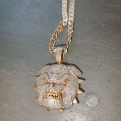 Gold Plated Genuine Diamond Bulldog Pendant w/gold Chain