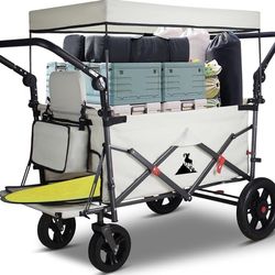 Topwell Folding Cart with Canopy - Folding Utility Cart with 2 Seats and Seatbelts, Adjustable Handle, Expandable Front for Camping, Picnic, Shopping 