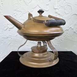 Vintage Brass/Wood Teapot Kettle On Warmer Stand