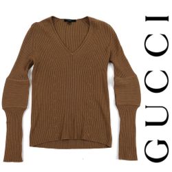 Vintage Fall 2000 Tom Ford GUCCI Brown Pullover Virgin Wool Knit V-Neck Size S