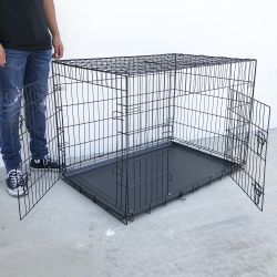 New $60 Folding 42” Dog Cage 2-Door Pet Crate Kennel w/ Tray 42”x27”x30” 