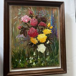 Vintage Oil Painting Roses  signed by original artist in wood frame