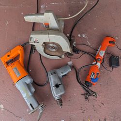 Power Tools Circular saw/Pivot Electric Screwdriver w measuring tape in handle  w charger/ Reciprocating saw/Industrial Drill. All work good 