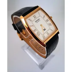 Men's Vintage Seiko Barrel Tonneau White & Gold Leather Tank RARE