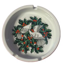 Vintage Fitz & Floyd Christmas Ashtray Dove Holly Green Red Japan 37/0012