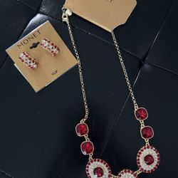 Monet Ruby And Diamond Necklace And Clip On Earrings Set 