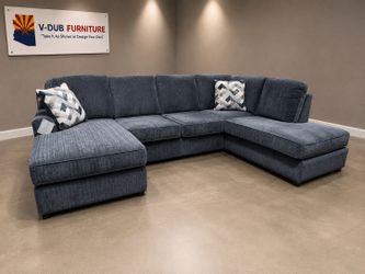 Rich comfy blue double chaise sectional