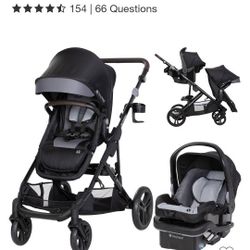 2019 Even Flow Double Stroller W/ Car Seat And 2 Bassinets