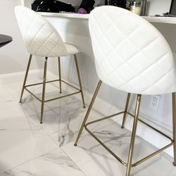 2 White Leather Stools With Gold Legs 