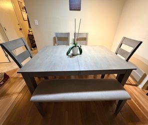 Extendable Gray Dining Table Set w/ Bench & 4 Chairs