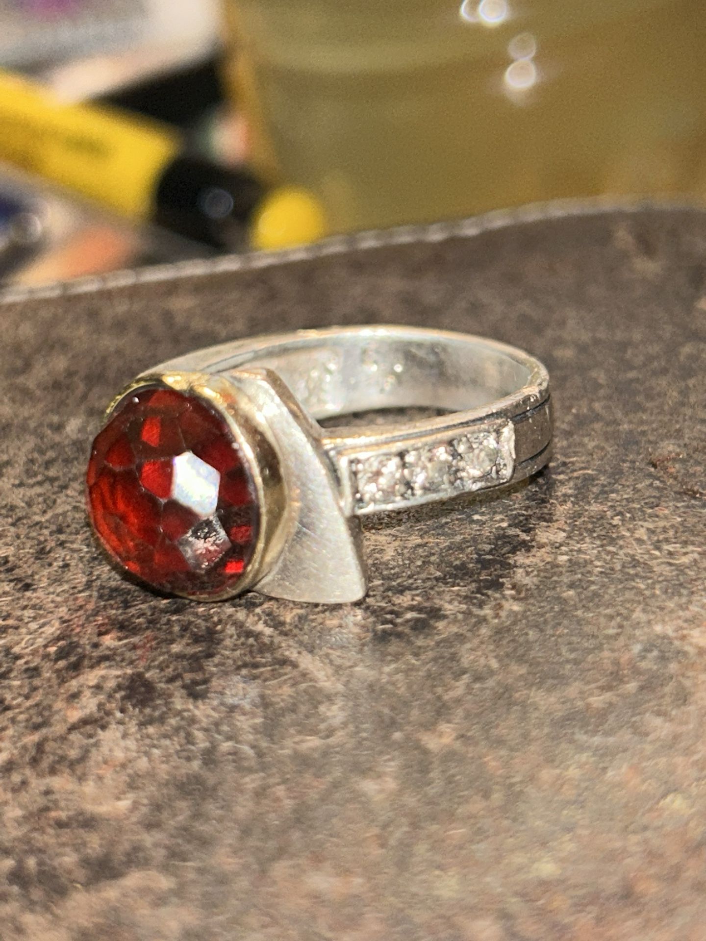 Men’s Ring Red Garnet Sterling Silver W/ 3 Diamonds