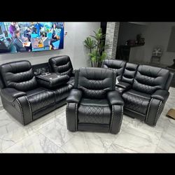 New black reclining furniture in the box. Financing available and home delivery.