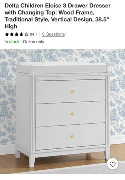 Delta Children Eloise 3 Drawer Dresser with Changing Top: Wood Frame, Traditional Style, Vertical Design, 38.5" High