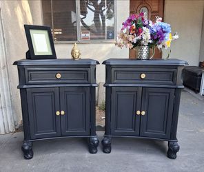 Pair of Solid Wood Nightstands- Single Drawer/2 Doors- Black with Gold