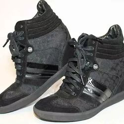 Coach Designer Alara 6.5 M Black Suede Signature Logo Wedge Sneakers Shoes