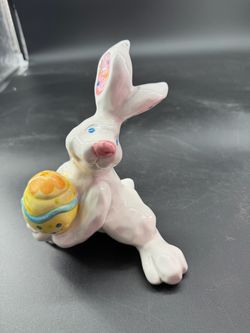 Adorable Ceramic White Easter Bunny Holding An Egg Figurine