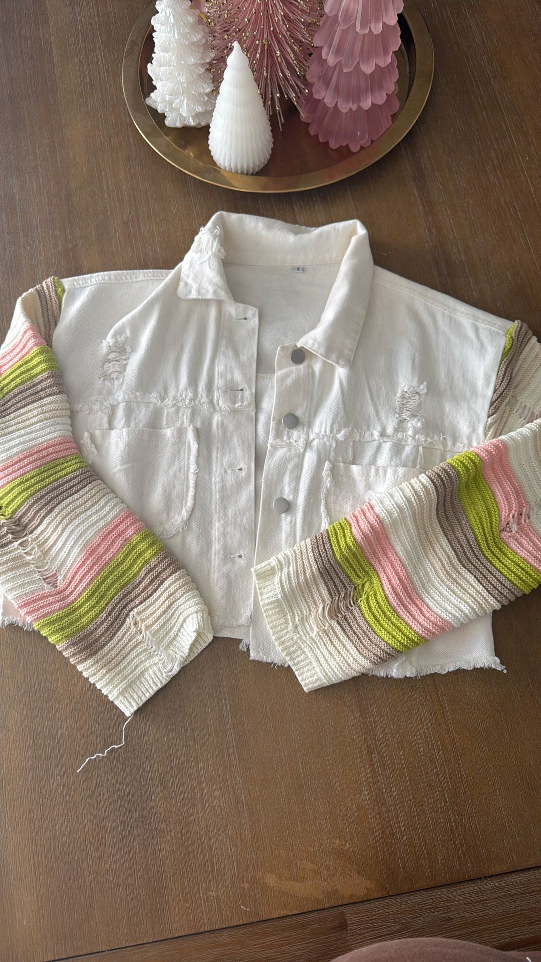 White jean jacket with crochet sleeves