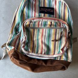 JanSport Backpack – Multicolor Striped Canvas w/ Suede Bottom – Great Condition