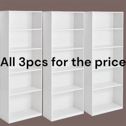 3 pcs   5-Shelf Bookcase with Adjustable Shelves, White