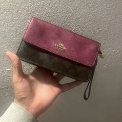 Foldover Wristlet in Signature Khaki Metallic Wine Coach Bag 